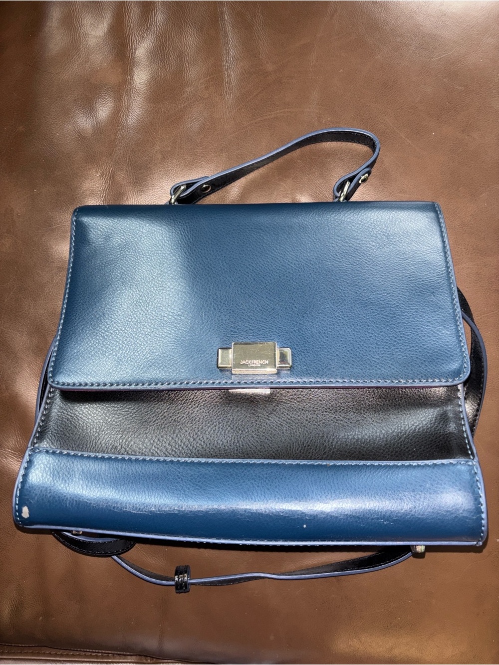 Beautiful Blue Leather Structured Top-Handle Satchel with removable long strap